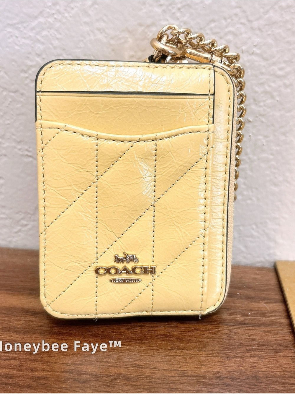 Coach Quilted glazed Leather Card Case in Pale Yellow with Gold Chain